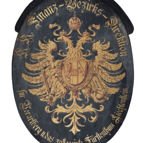 Amtsschild der „K.K. Finanz-Bezirks-Direktion für Vorarlberg u. das zollgeeinte Fürstenthum Liechtenstein“