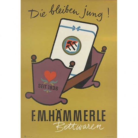 Werbeplakat des Grafikers Albert Heider für F.M. Hämmerle, Entstehungszeit circa 1957–1959. Grafikdesign ist einer von mehreren Sammlungsschwerpunkten des Wirtschaftsarchivs Vorarlberg.<br><br>Fotos: Mario Debortoli, Wirtschaftsarchiv Vorarlberg
