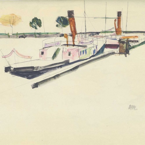 Egon Schiele, Raddampfer im Bregenzer Hafen, 1912 <br><br>Fotos: Archiv Natter Fine Arts – Wien, Leopold Museum/Manfred Thumberger Wikipedia/Dorotheum