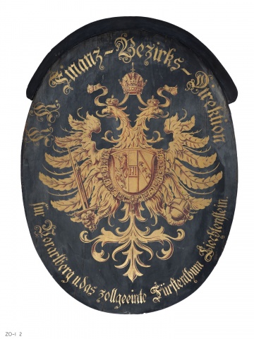 Amtsschild der „K.K. Finanz-Bezirks-Direktion für Vorarlberg u. das zollgeeinte Fürstenthum Liechtenstein“