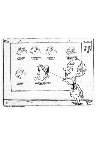 Dieter Zehentmayr (1941-2005): Grabherr’s Evolutionslehre, 1979 (vorarlberg museum). Franz Ortner (1922-1988), damals Chefredakteur der VN, wird als Prototyp des Alemannen präsentiert.