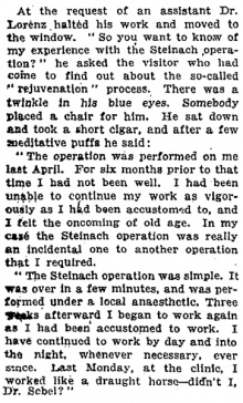 © New York Times Auszug aus der „New York Times“ vom 26. Februar 1922, Adolf Lorenz, bekannter Orthopäde aus Wien, und Vater des Nobelpreisträgers Konrad Lorenz berichtet der Zeitung über die positiven Auswirkungen der Operation, die er bei Dr. Steinach durchführen ließ.