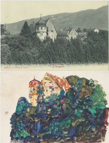 Ansichtskarte von Egon Schiele nach Wien, datiert 17. August 1912 – Bregenz Oberstadt mit dem von Schiele gezeichneten Deuringschlössle.