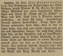 1946 führte Pfarrer Gunz die begeisterte Hörerschaft im Stadtsaal Bludenz „Rings um die Zimba“ – aus den Vorarlberger Nachrichten vom Samstag, 30. November 1946. <br><br> Fotos: Daniel Mauche, beigestellt